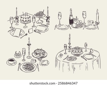 Set of whimsical hand-drawn dinner party setup with multiple tables and exquisite dishes in trendy vintage style. Perfect for quirky wedding holiday, dinner and bar menu, bachelorette party, birthday 