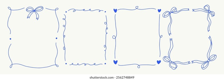 Set of whimsical hand-drawn frames with wavy squiggle curly ribbons in trendy, vintage styles. Vector playful border frames for trendy invitations, cards