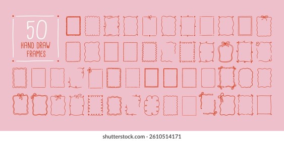 Set of whimsical hand-drawn frames with wavy squiggle curly ribbons in trendy, vintage styles. Vector playful border frames for trendy invitations, cards