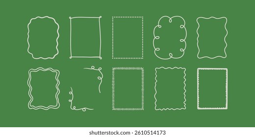 Set of whimsical hand-drawn frames with wavy squiggle curly ribbons in trendy, vintage styles. Vector playful border frames for trendy invitations, cards