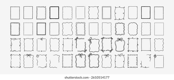 Set of whimsical hand-drawn frames with wavy squiggle curly ribbons in trendy, vintage styles. Vector playful border frames for trendy invitations, cards