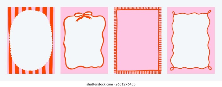 Set of whimsical hand-drawn frames with wavy squiggle curly ribbons in trendy, vintage styles. Vector playful border frames for trendy invitations, cards