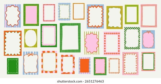 Set of whimsical hand-drawn frames with wavy squiggle curly ribbons in trendy, vintage styles. Vector playful border frames for trendy invitations, cards