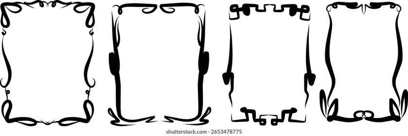 Set of whimsical hand-drawn frames with wavy squiggle curly ribbons in trendy, modern style. Vector playful border frames for nvitation cards.