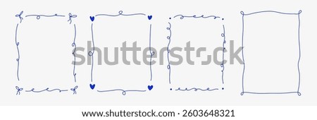 Set of whimsical hand-drawn frames with wavy squiggle curly ribbons in trendy, vintage styles. Vector playful border frames for trendy invitations, cards