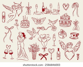 Set of whimsical hand-drawn love aesthetic illustartion in trendy vintage style. Perfect for quirky wedding holiday, dinner and bar menu, bachelorette party, birthday invitation, sign.