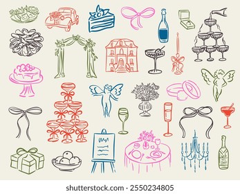 Set of whimsical hand-drawn wedding ceremony food and drink illustartion in trendy vintage style. Perfect for quirky wedding holiday, dinner and bar menu, bachelorette party, birthday invitation, sign