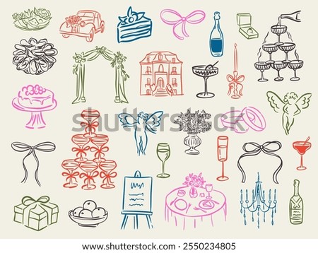 Set of whimsical hand-drawn wedding ceremony food and drink illustartion in trendy vintage style. Perfect for quirky wedding holiday, dinner and bar menu, bachelorette party, birthday invitation, sign