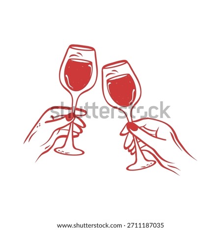 Set of whimsical hand-drawn woman's hand holding a glass. Vector illustration for wedding holiday, bachelorette party, birthday invitation.