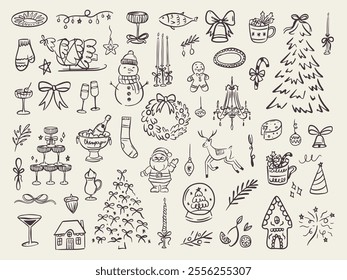 Set of whimsical hand-drawnchristmas food and drink illustration in trendy vintage style. Perfect for quirky new year holiday, dinner and bar menu, bachelorette party, birthday invitation, sign.