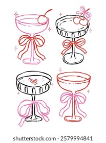 Set of Whimsical Martini Glasses with Bow and cherries Heart Outline Playful Hand Drawn Groovy Retro 