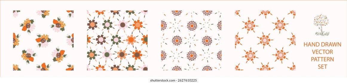 Set of whimsical modern abstract shape seamless pattern. Trendy pastel color hand drawn playful style for wallpaper collection, backdrops and summer texture. Fashion and home decor all over print.