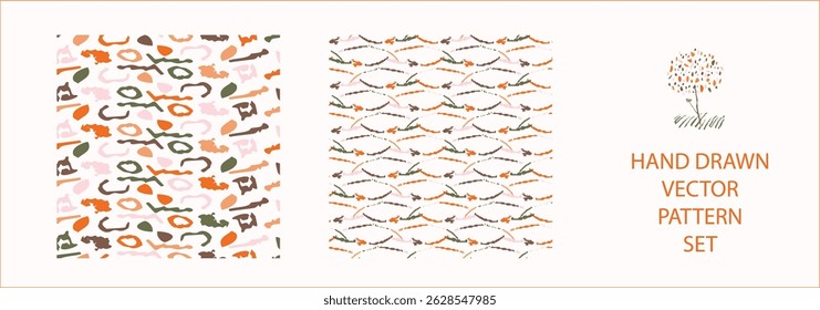 Set of whimsical modern abstract shape seamless pattern. Trendy pastel color hand drawn playful style for wallpaper collection, backdrops and summer texture. Fashion and home decor all over print.