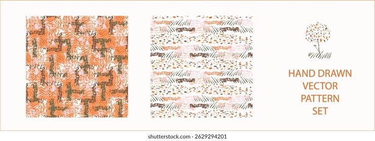 Set of whimsical modern abstract shape seamless pattern. Trendy pastel color hand drawn playful style for wallpaper collection, backdrops and summer texture. Fashion and home decor all over print.