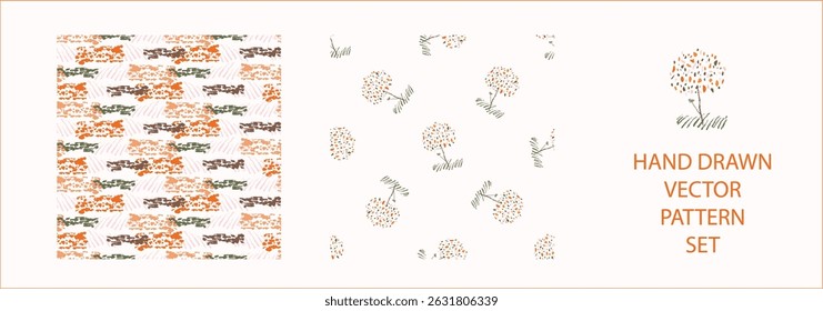 Set of whimsical modern abstract shape seamless pattern. Trendy pastel color hand drawn playful style for wallpaper collection, backdrops and summer texture. Fashion and home decor all over print.