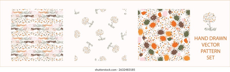 Set of whimsical modern abstract shape seamless pattern. Trendy pastel color hand drawn playful style for wallpaper collection, backdrops and summer texture. Fashion and home decor all over print.