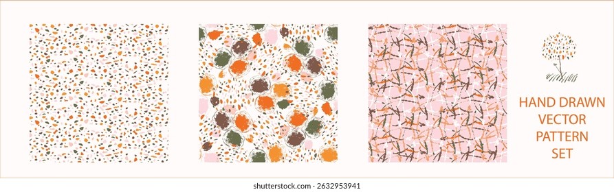 Set of whimsical modern abstract shape seamless pattern. Trendy pastel color hand drawn playful style for wallpaper collection, backdrops and summer texture. Fashion and home decor all over print.