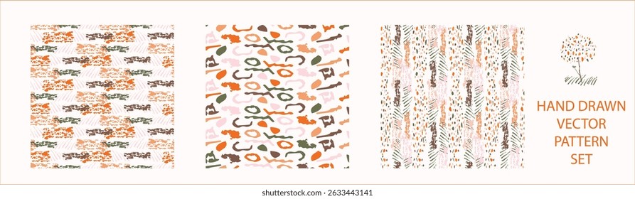 Set of whimsical modern abstract shape seamless pattern. Trendy pastel color hand drawn playful style for wallpaper collection, backdrops and summer texture. Fashion and home decor all over print.
