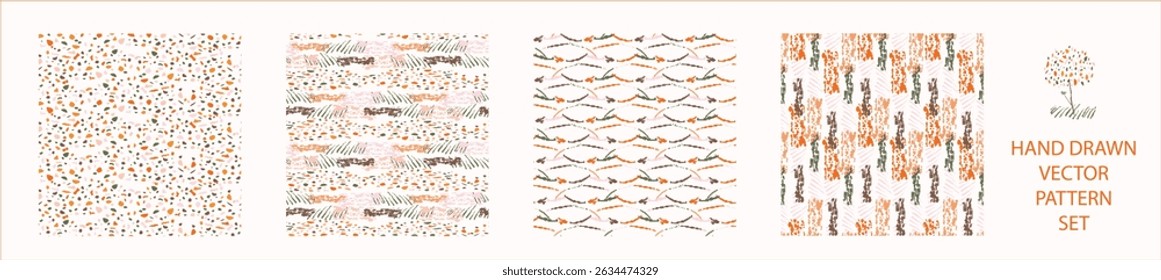 Set of whimsical modern abstract shape seamless pattern. Trendy pastel color hand drawn playful style for wallpaper collection, backdrops and summer texture. Fashion and home decor all over print.