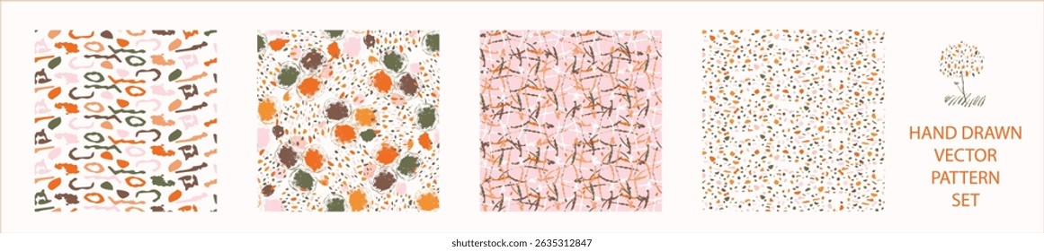Set of whimsical modern abstract shape seamless pattern. Trendy pastel color hand drawn playful style for wallpaper collection, backdrops and summer texture. Fashion and home decor all over print.
