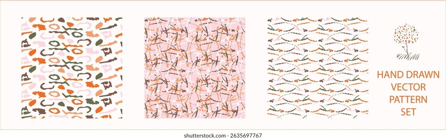 Set of whimsical modern abstract shape seamless pattern. Trendy pastel color hand drawn playful style for wallpaper collection, backdrops and summer texture. Fashion and home decor all over print.