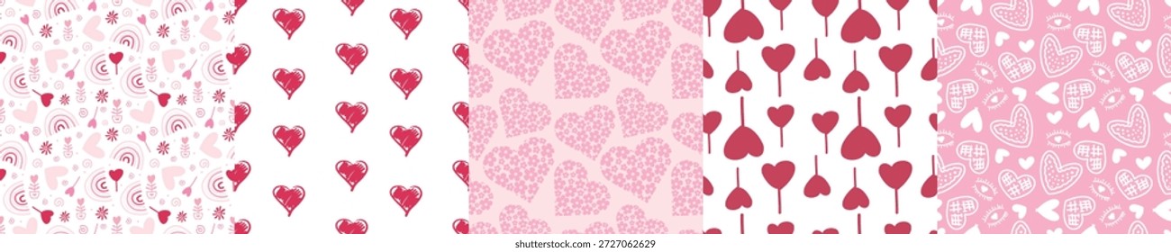 Eine Reihe von skurrilen Mustern aus rosa und roten Herzen, Blumen, Regenbogen und verspielten Objekten. Das Design zeigt ein stumpfes Farbschema.