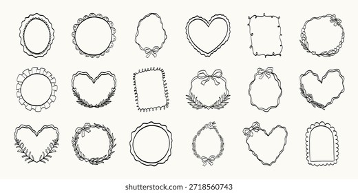 Set of whimsical rectangle, oval, heart and round hand-drawn frames in trendy, vintage styles. Cute frames suitable for labels, logos, invitations, packaging, stickers.