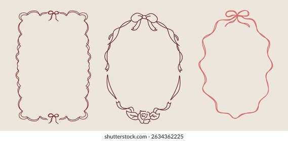 Set Of Whimsical Red Burgundy Lined Ribbon Frames Bow Rose For Wedding Birthday Invitations Bridal Baby Shower Retro Vintage Printable Vector Design