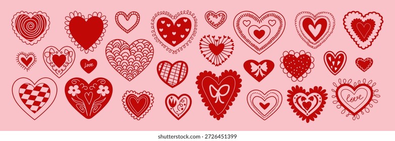 Conjunto de corazones románticos caprichosos en rojo y rosa. Símbolos del día de San Valentín y el amor. Perfecto para pegatinas, tarjetas de felicitación y papelería de boda festiva, invitaciones de boda, impresiones. 