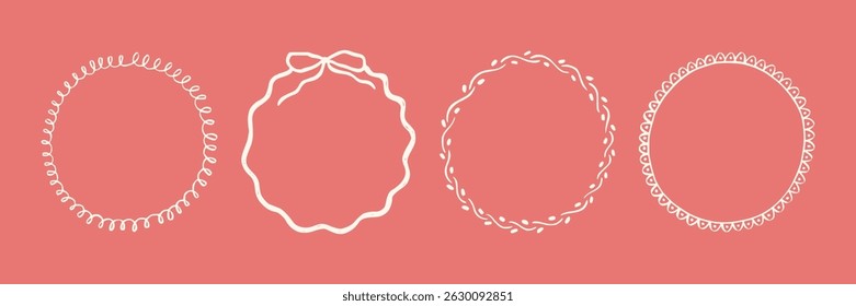 Set whimsical round frames with wavy lines, bows, curly ribbons. Hand-drawn trendy vintage style, perfect for wedding invitations, birthday cards, and holiday. Minimalist coquette border line art