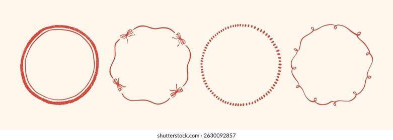 Set whimsical round frames with wavy lines, bows, curly ribbons. Hand-drawn trendy vintage style, perfect for wedding invitations, birthday cards, and holiday. Minimalist coquette border line art