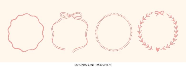 Set whimsical round frames with wavy lines, bows, curly ribbons. Hand-drawn trendy vintage style, perfect for wedding invitations, birthday cards, and holiday. Minimalist coquette border line art