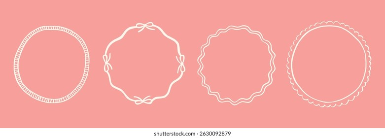 Set whimsical round frames with wavy lines, bows, curly ribbons. Hand-drawn trendy vintage style, perfect for wedding invitations, birthday cards, and holiday. Minimalist coquette border line art