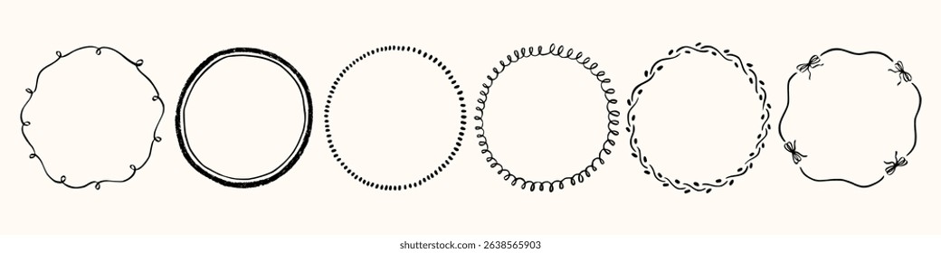 Set whimsical round frames with wavy lines, bows, curly ribbons. Hand-drawn trendy vintage style, perfect for wedding invitations, birthday cards, and holiday. Minimalist coquette border line art