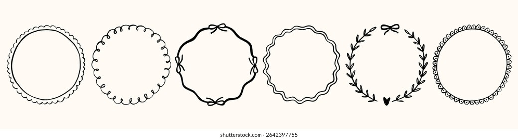Set whimsical round frames with wavy lines, bows, curly ribbons. Hand-drawn trendy vintage style, perfect for wedding invitations, birthday cards, and holiday. Minimalist coquette border line art