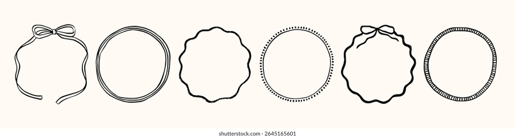 Set whimsical round frames with wavy lines, bows, curly ribbons. Hand-drawn trendy vintage style, perfect for wedding invitations, birthday cards, and holiday. Minimalist coquette border line art