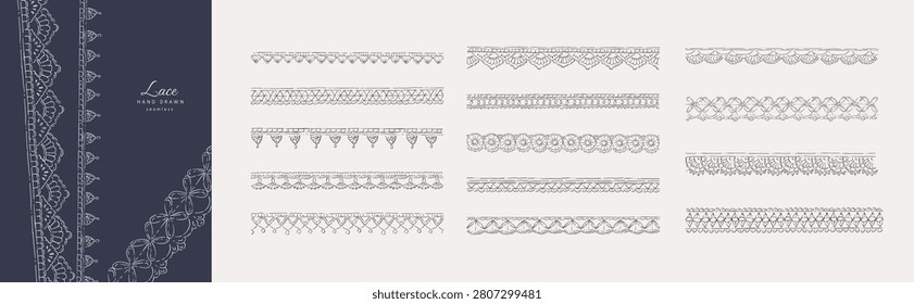 Set of whimsical scalloped crochet seamless borders. Hand drawn doodle illustration of lace ornaments. Vintage dollies elements for wedding invitations or collage