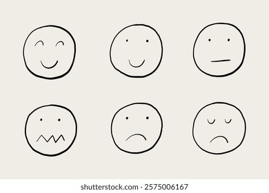 Set Whimsical Sketch Emoji Face. Doodle Collection Smiley Emoticon Icon. Hand Drawn Vector Illustration