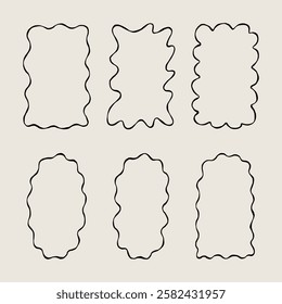 Set Whimsical Sketch Wavy Edges Frames. Scallop Squiggle Wiggle Border Simple Black Line Shape Collection. Hand Drawn Vector Isolated Illustration