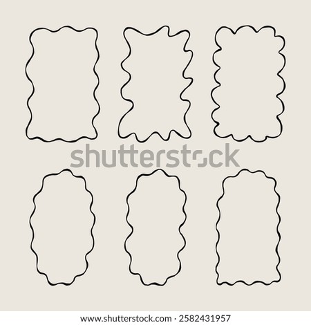 Set Whimsical Sketch Wavy Edges Frames. Scallop Squiggle Wiggle Border Simple Black Line Shape Collection. Hand Drawn Vector Isolated Illustration