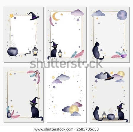Set of whimsical watercolor halloween frames. Empty borders with cats, cauldrons, clouds and stars. Space for text