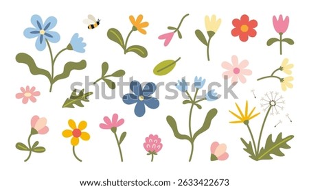 Set of whimsical wildflowers and leaves with a bee, perfect for summer designs and nature themed projects. Trendy modern vector illustration isolated on white, hand drawn, flat