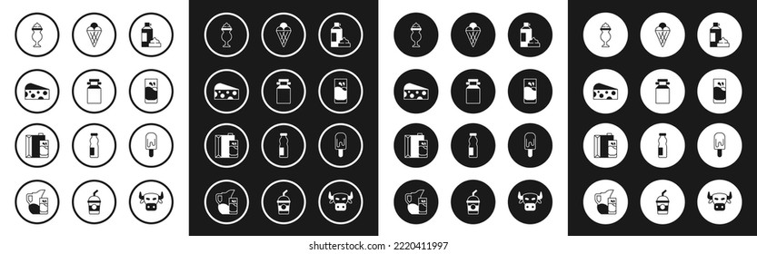 Set Whipped cream in bottle, Can container for milk, Cheese, Milkshake, Glass with, Ice waffle cone,  and Paper package icon. Vector