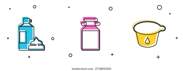 Conjunto de crema batida en botella, envase de lata para la leche y el icono de yogur. Vector