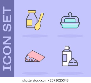 Set Whipped cream in bottle, Drinking yogurt, Cheese and Butter butter dish icon. Vector