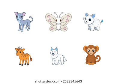 Set of Whippet, White Butterfly, White Rhinoceros, Wildebeest, White German, Woolly Monkey Vector Illustration Cartoon, Clipart, Line Art Design