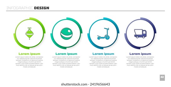 Set Whirligig toy, Beach ball, Roller scooter and Toy truck. Business infographic template. Vector