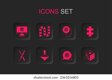 Set Whirligig toy, Board game, Game dice, Puzzle pieces,  and Crossed billiard cues icon. Vector