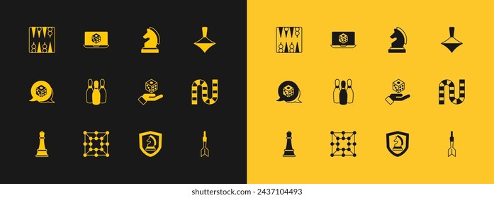 Set Whirligig toy, Board game, Game dice, Chess, Bowling pin, Backgammon board and  icon. Vector svg