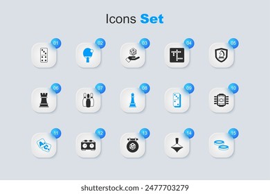 Set Whirligig toy, Bowling pin, Racket, Bingo, Checker game chips, Table football, Domino and Chess icon. Vector